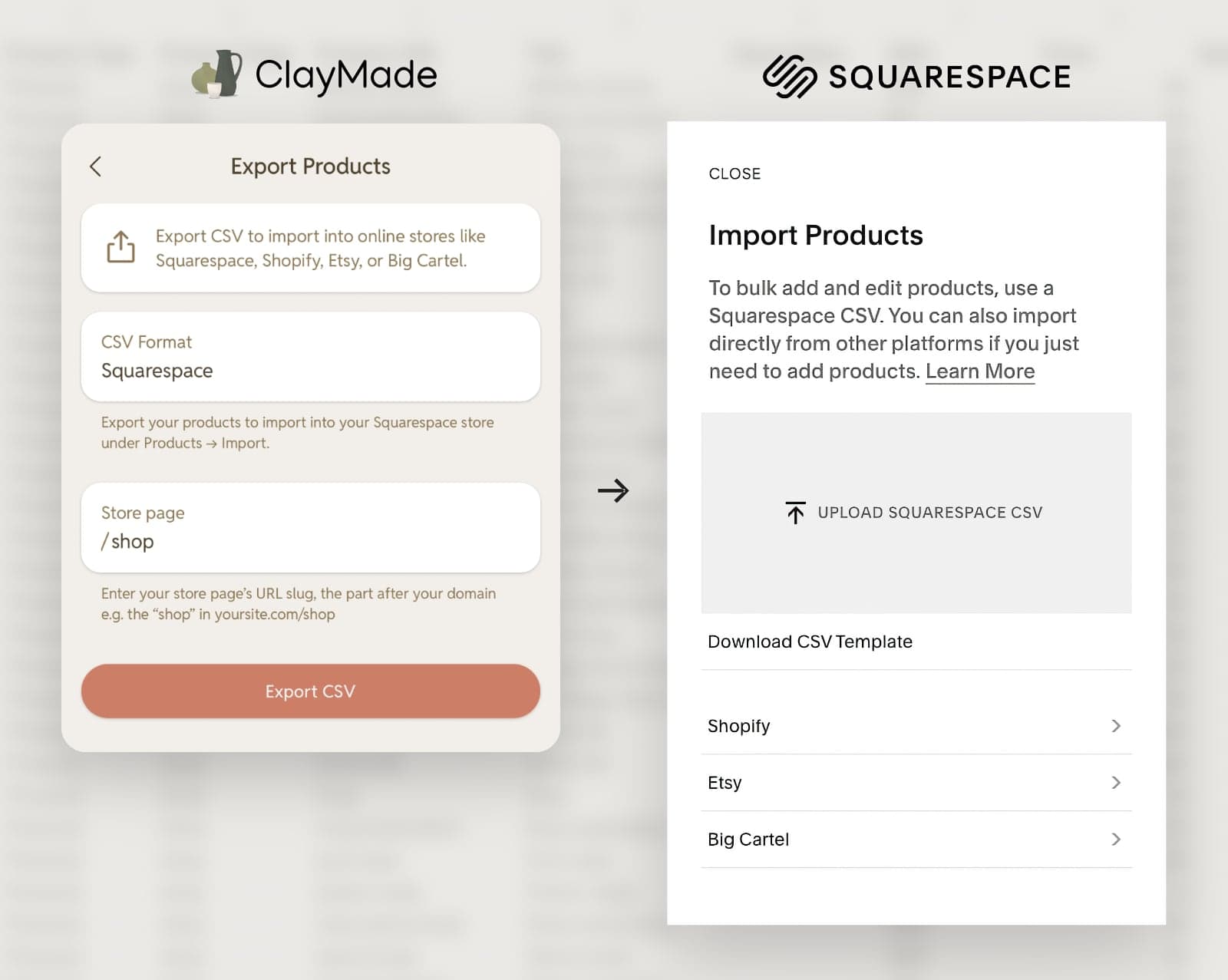 Export to Squarespace shops